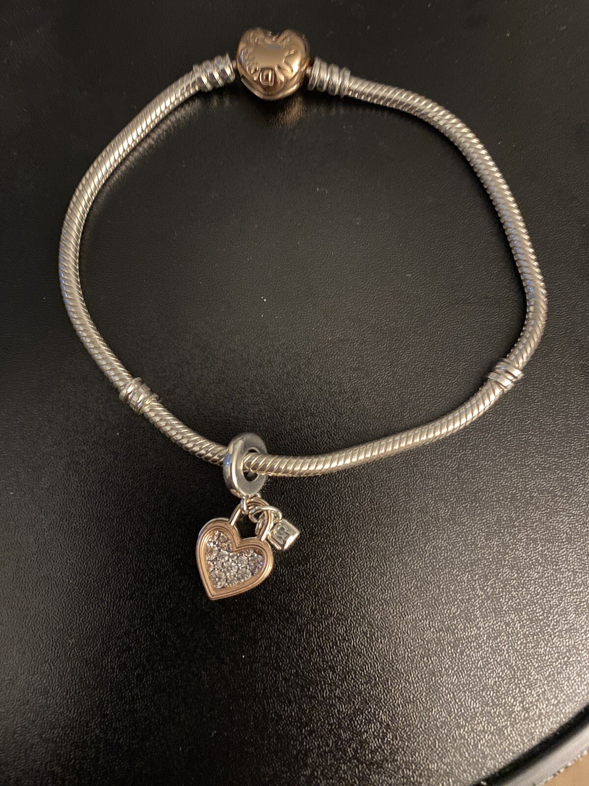 Pandora Silver Bracelet with Rose Heart Clasp size 23-9.1”Free Charm
