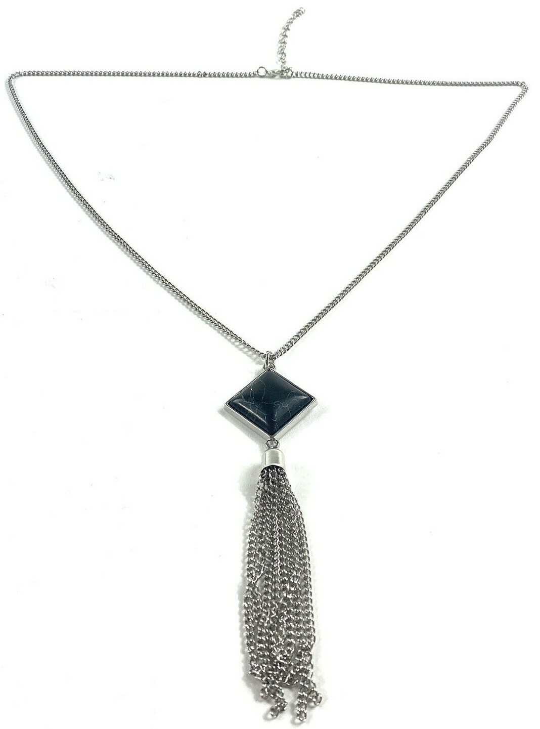 Toni 20×20 mm Composite Black Howlite Silvertone Pendant Long Chain Necklace