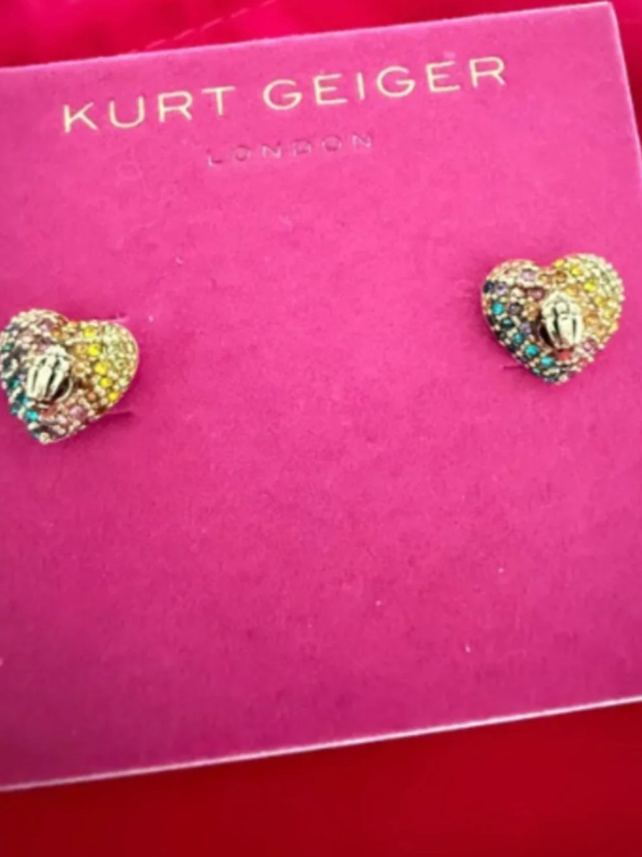 NWT KURT GEIGER LONDON XL CRYSTAL HEART LOCKET NECKLACE & EARRINGS W DUST BAG