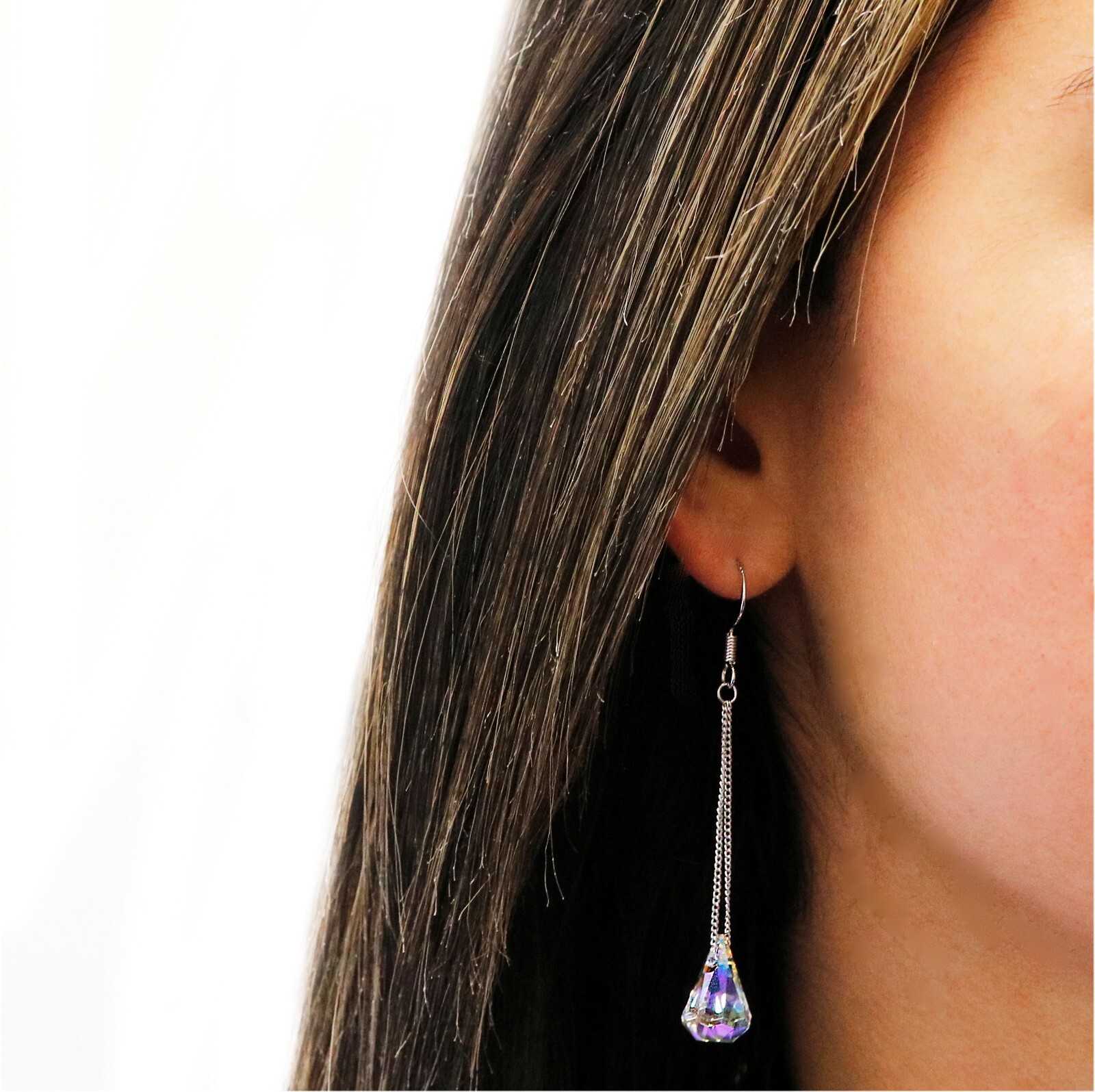 18k White Gold Plated Aurora Borealis Teardrop Crystal Drop Hook Earrings