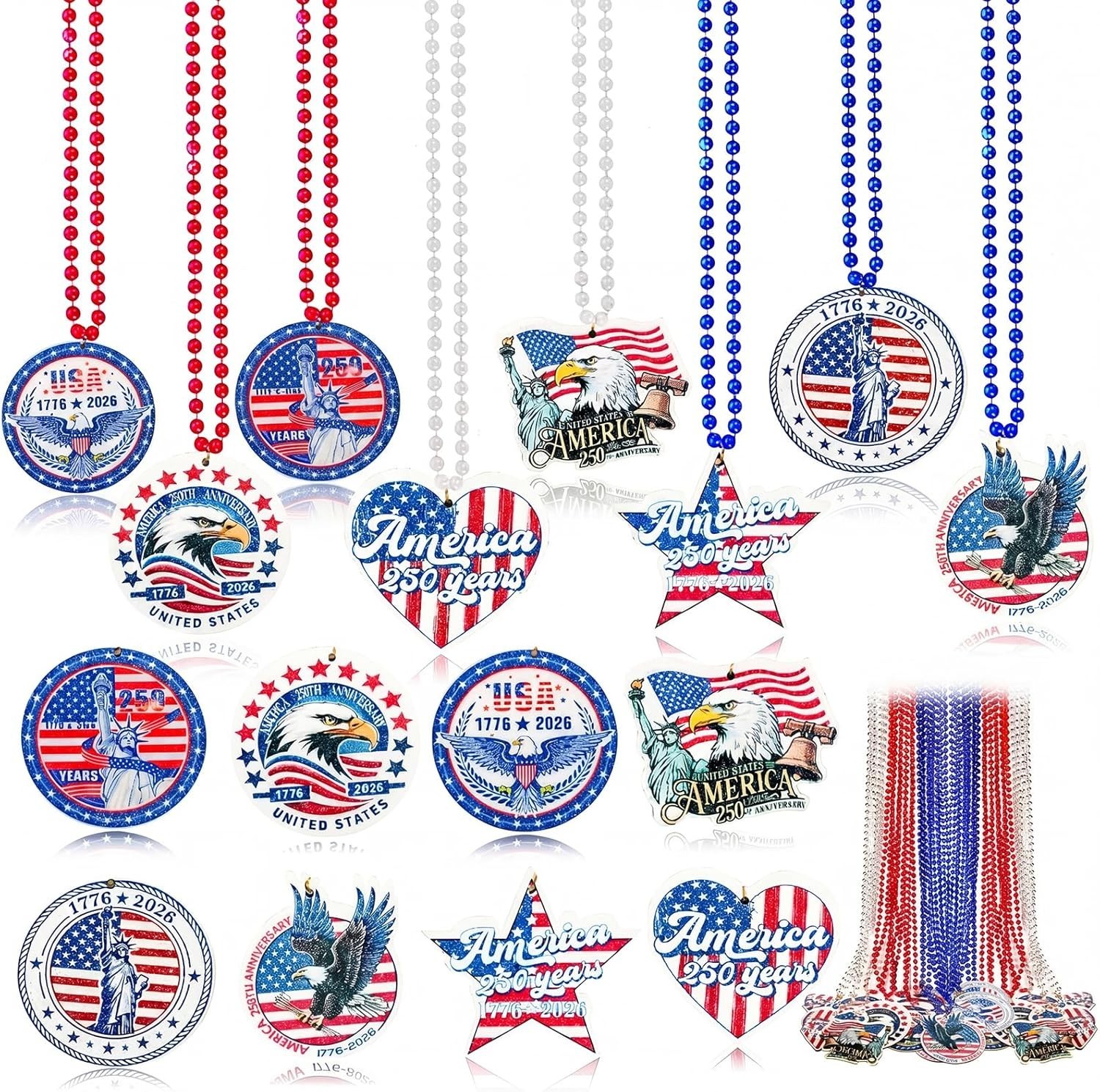 48PCS Patriotic Red White Blue Bead Necklaces 250th Anniversary 4th of July