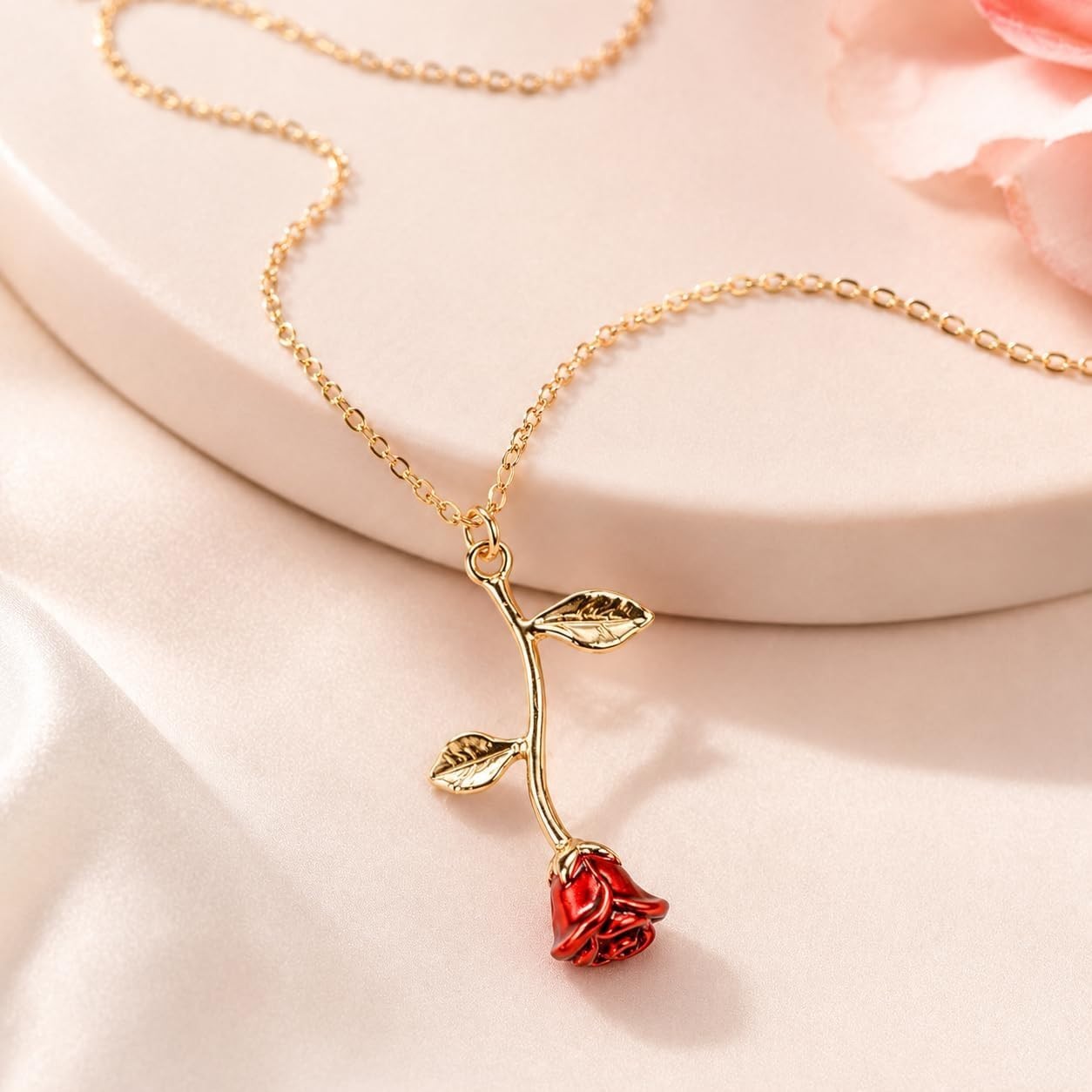 Trendy Layered Rose Gold Necklace with Flower Pendant – 18-Inch Adjustable