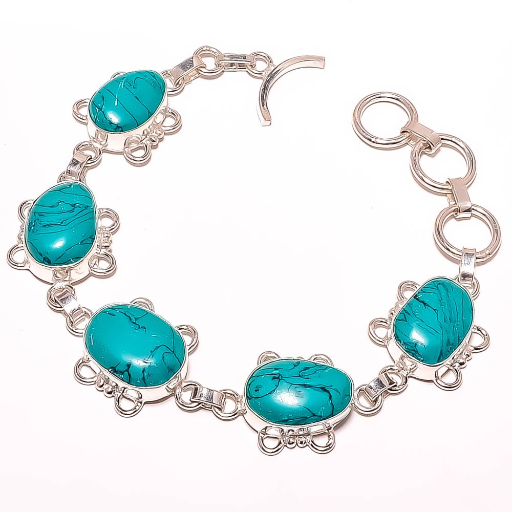 Turquoise Gemstone 925 Silver Plated Jewelry Link Bracelet 7-7.99″ TB7511-300