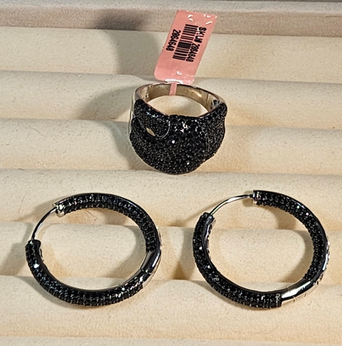 BLACK SPINEL RING AND EARRINGS SET STERLING SZ 9.75