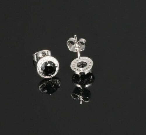 Women’s 925 Sterling Silver Black Round Cubic Zirconia HALO Studs Earrings 8mm