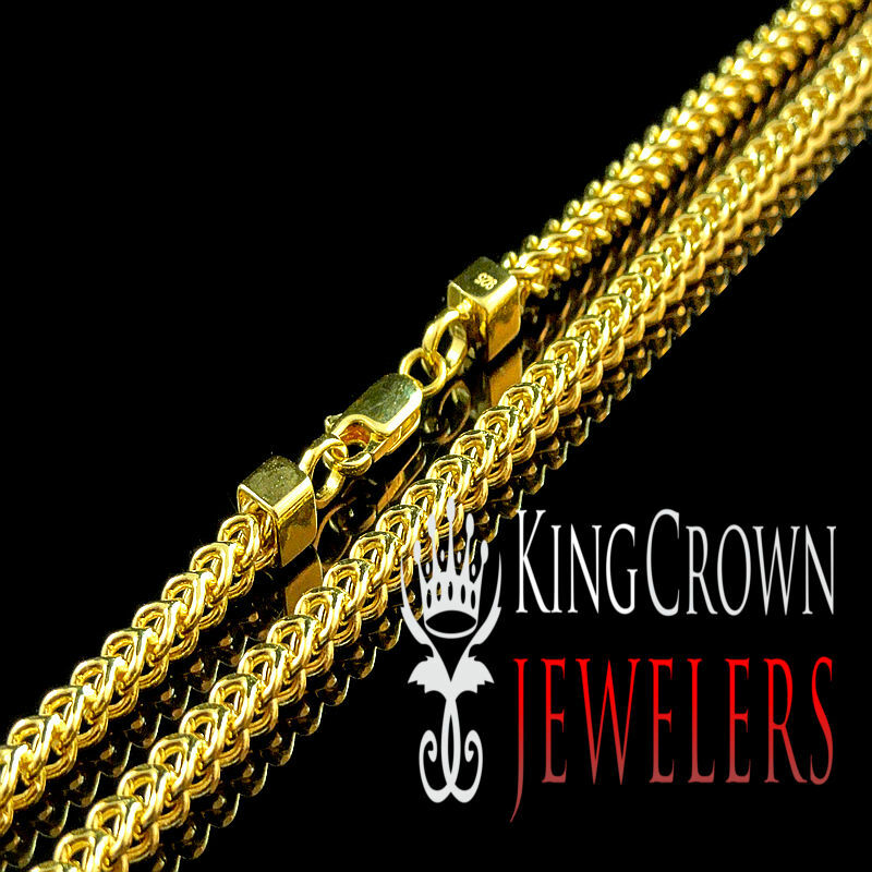 Mens Pure 925 Sterling Silver Yellow Gold Finish Franco Style Chain Necklace 4mm