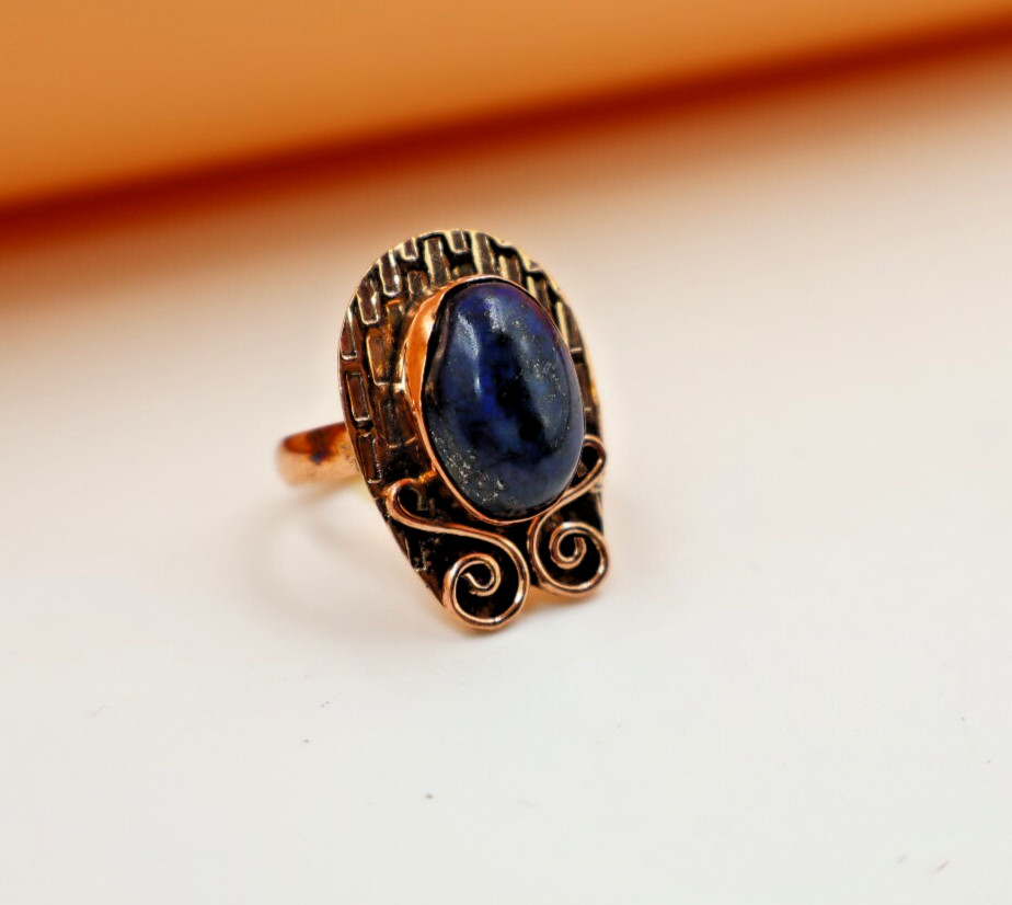 Lapis Lazuli Handmade Healing Textured Ring Copper Spiritual Boho Design US”6.25