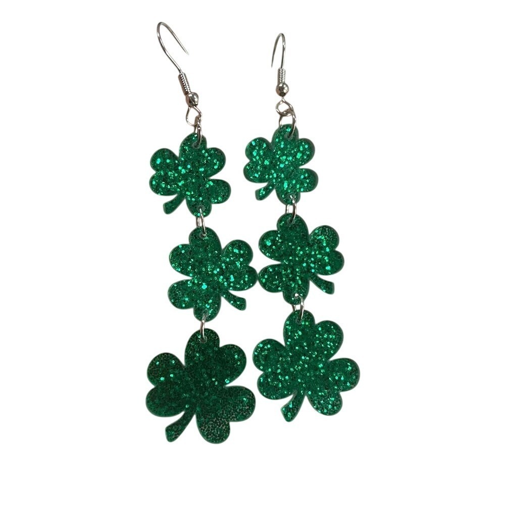 Green Glitter 4-Leaf Clover Dangle Shamrock Drop Earrings Irish St Patricks Day