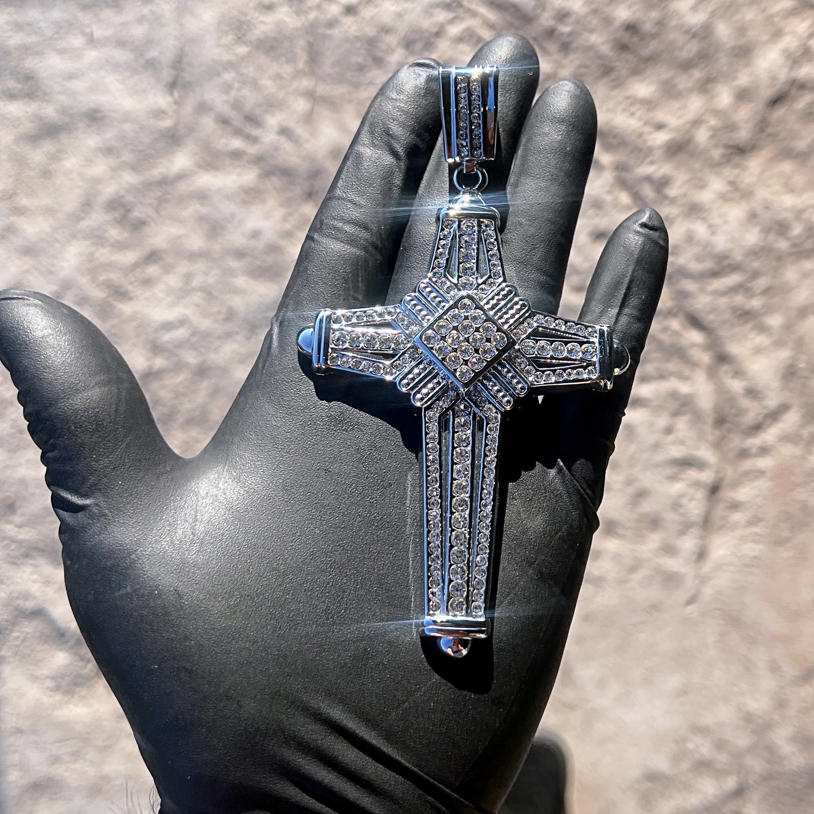Men’s Latin Cross Hip Hop Pendant for Necklace Silver Tone Iced Bling Out CZ 5″