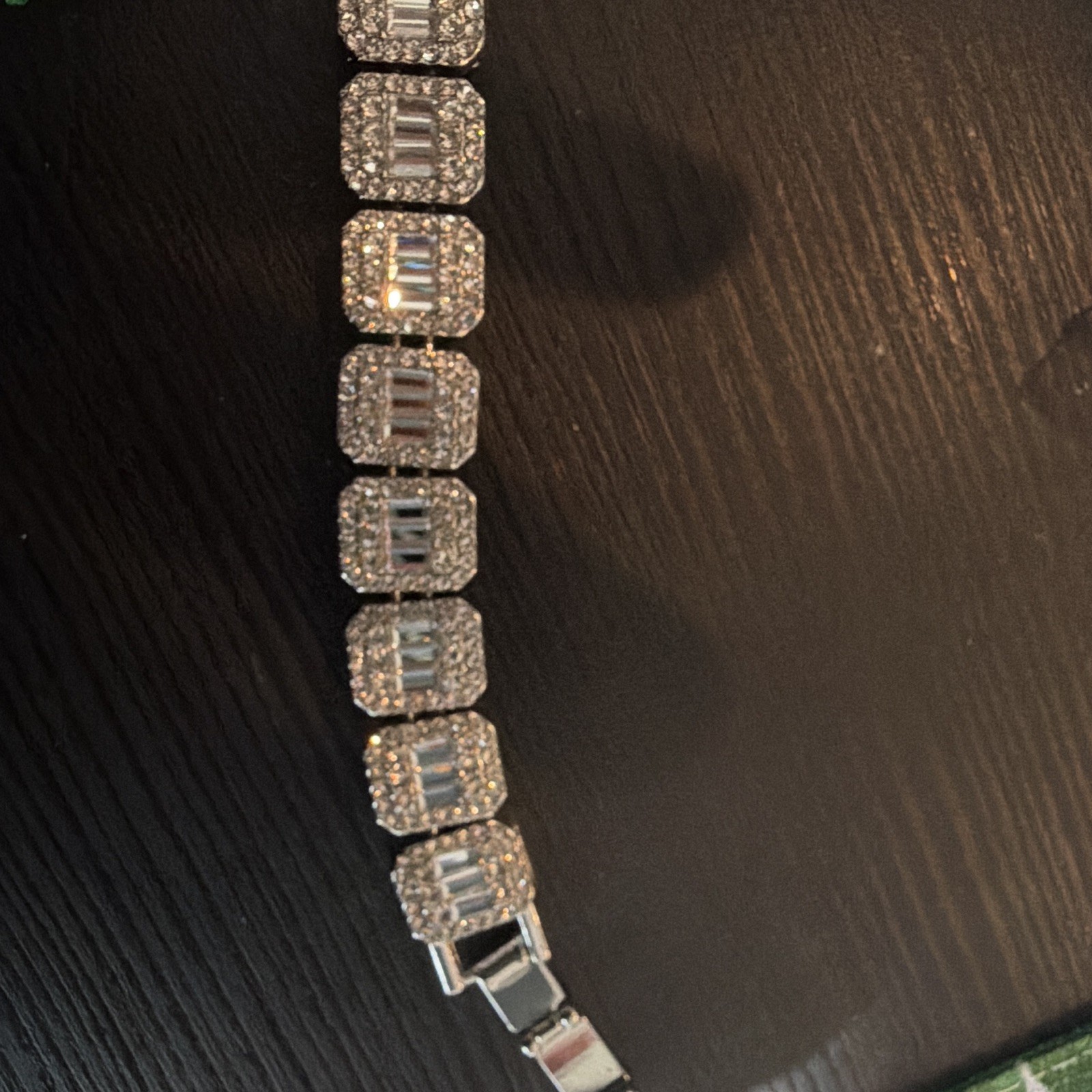 Silver Tone Baguette Rhinestone Link Tennis Bracelet Rectangle Box Closure
