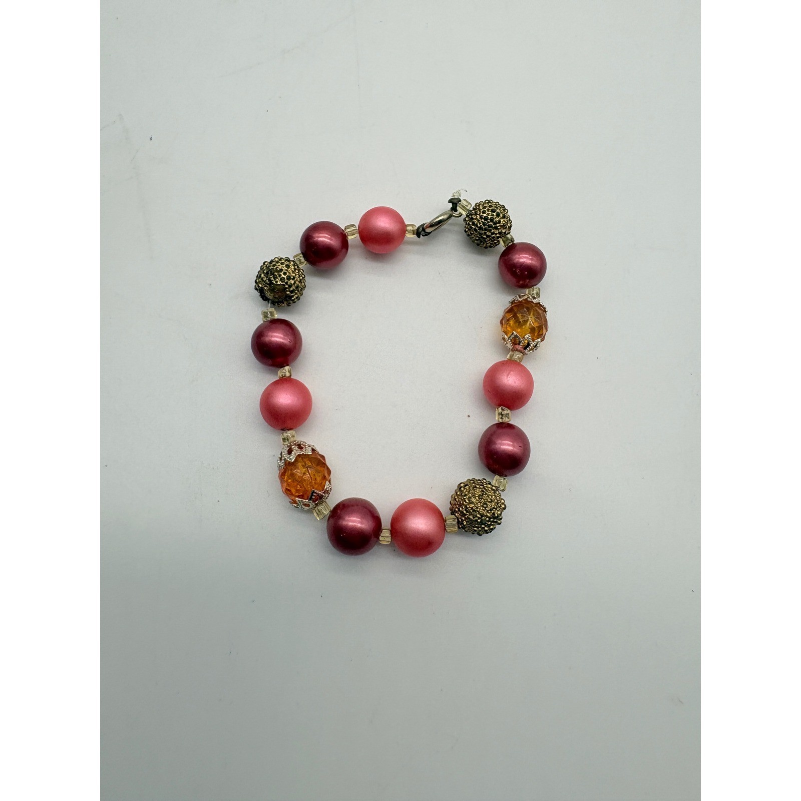 Handmade Pink Burgundy Faux Pearl Beaded Bracelet Gold Stardust Accents 6.25in