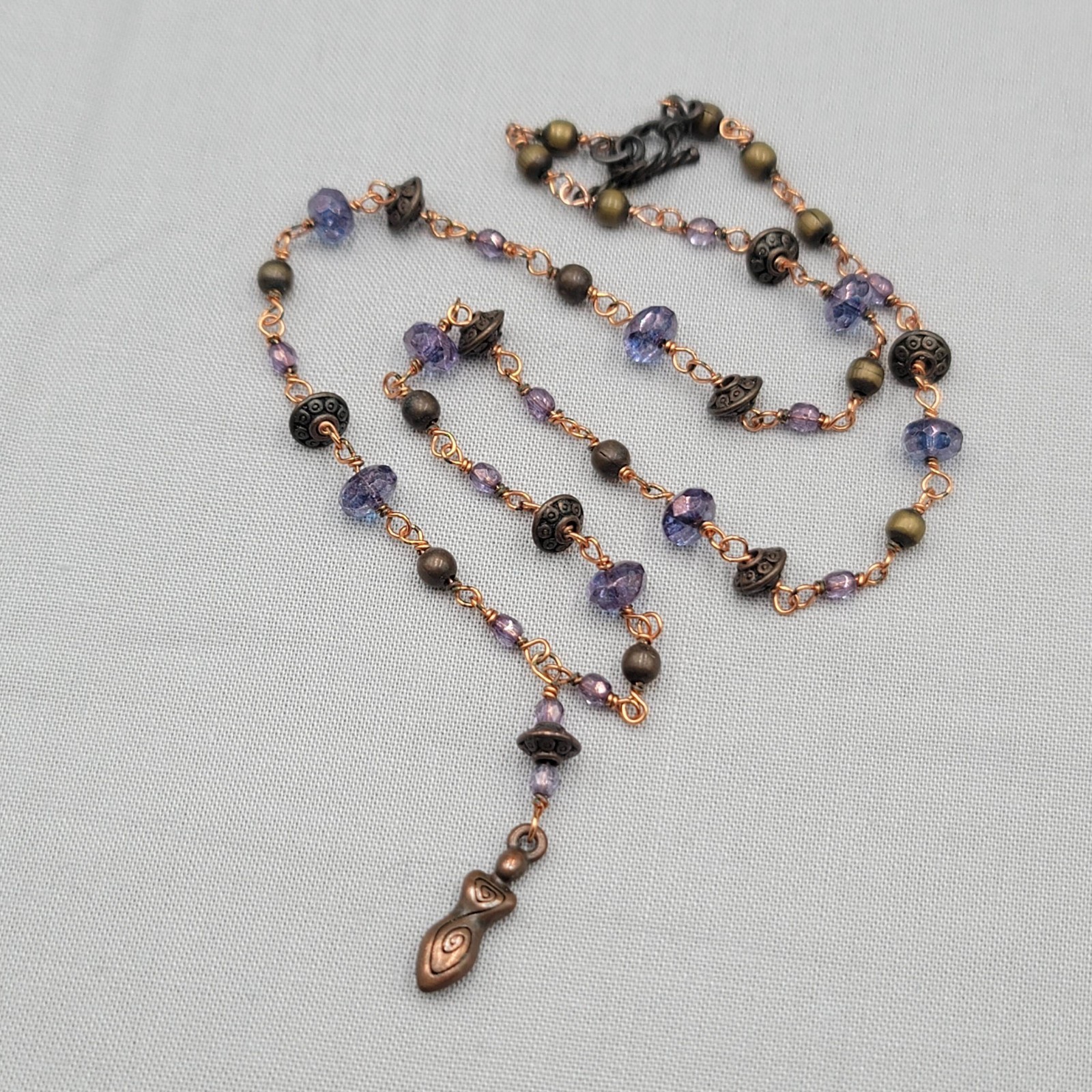 Y Drop Beaded Necklace Copper tone Female Goddess Pendant 18″