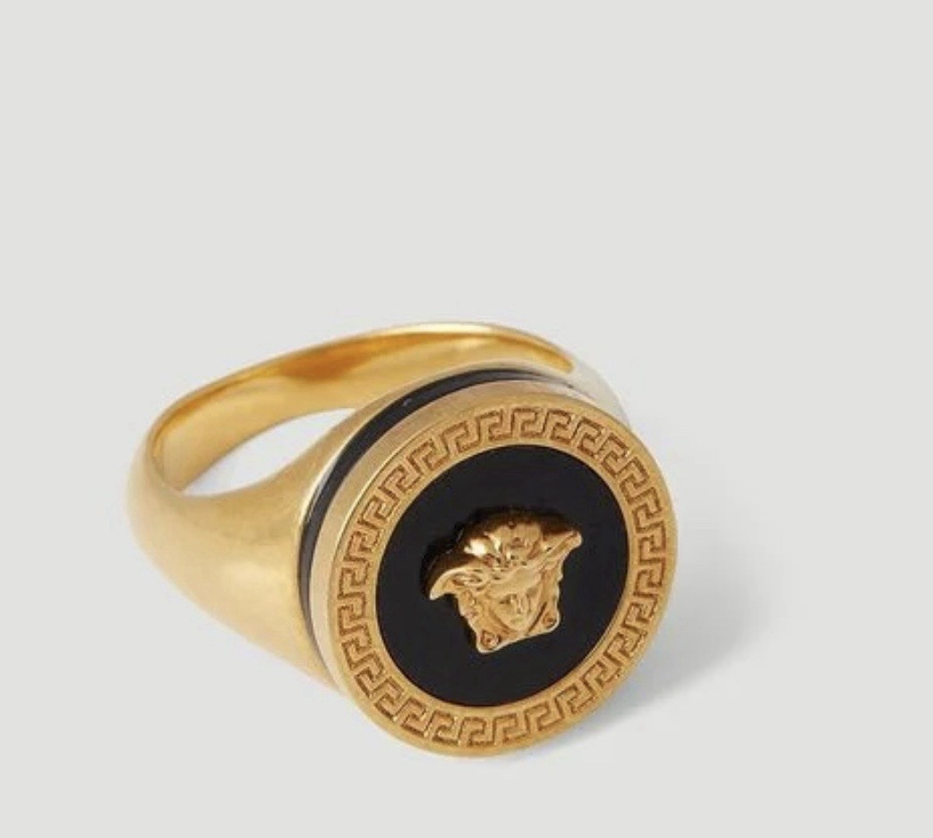 VERSACE Ring Medusa Resin Greca Pattern Back Logo Gold SZ 15 IT Authentic$680
