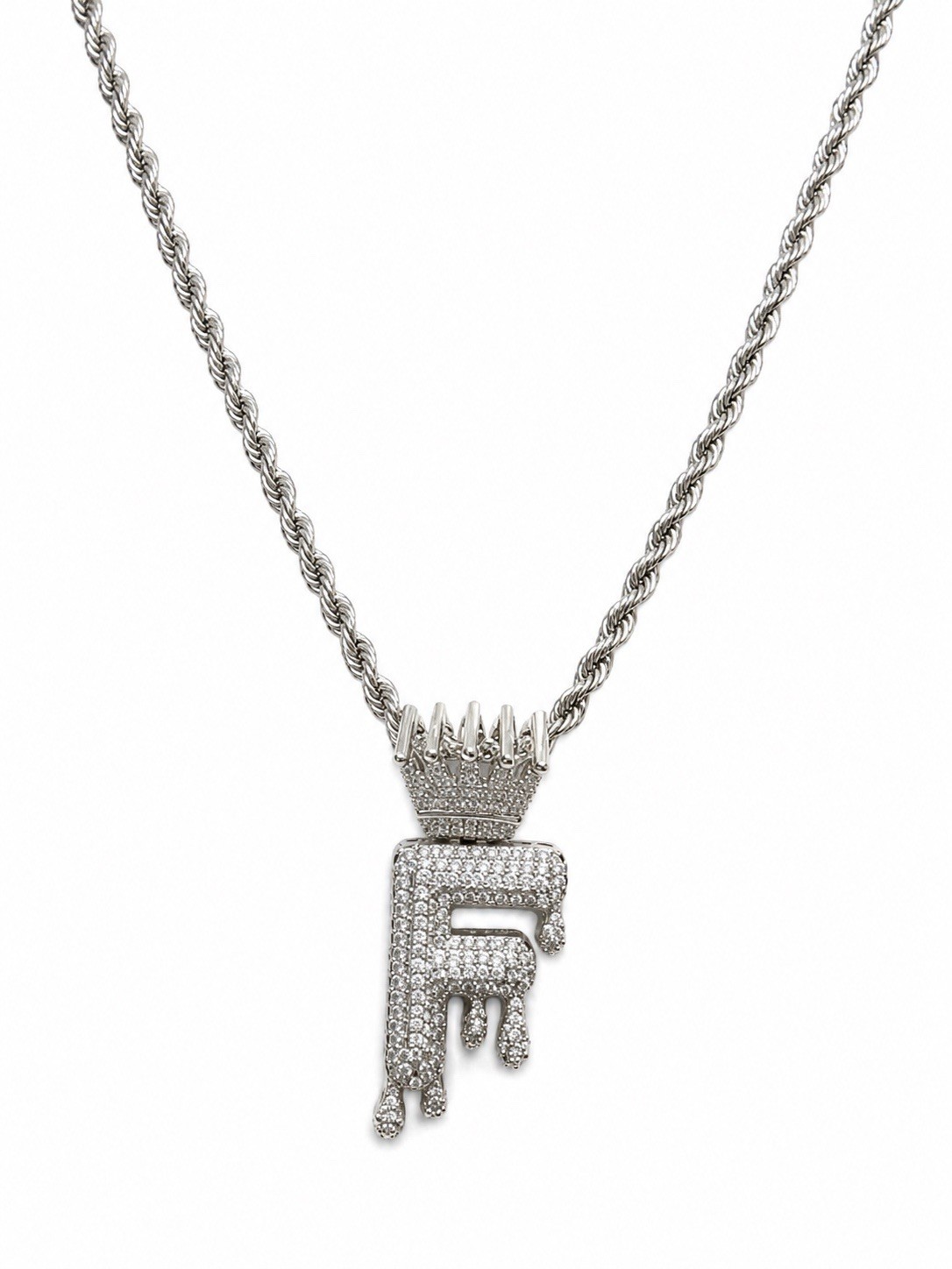 NEW 18” Stainless Steel Silver Rope Chain Necklace w/Crown Drip Letter F Pendant