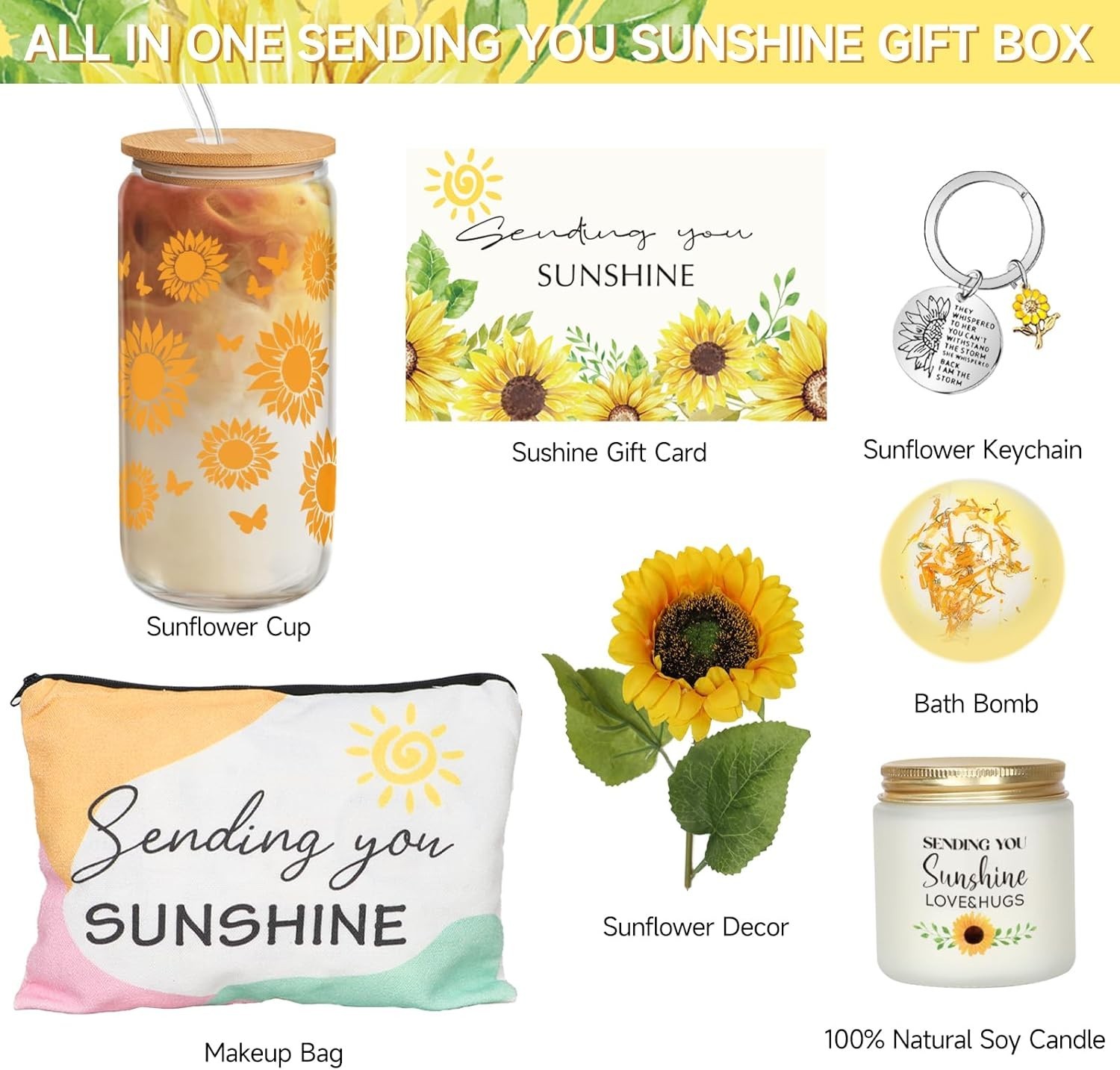 Sunflower Gift Basket for Women, 7pc Sending Sunshine Glass Cup Set