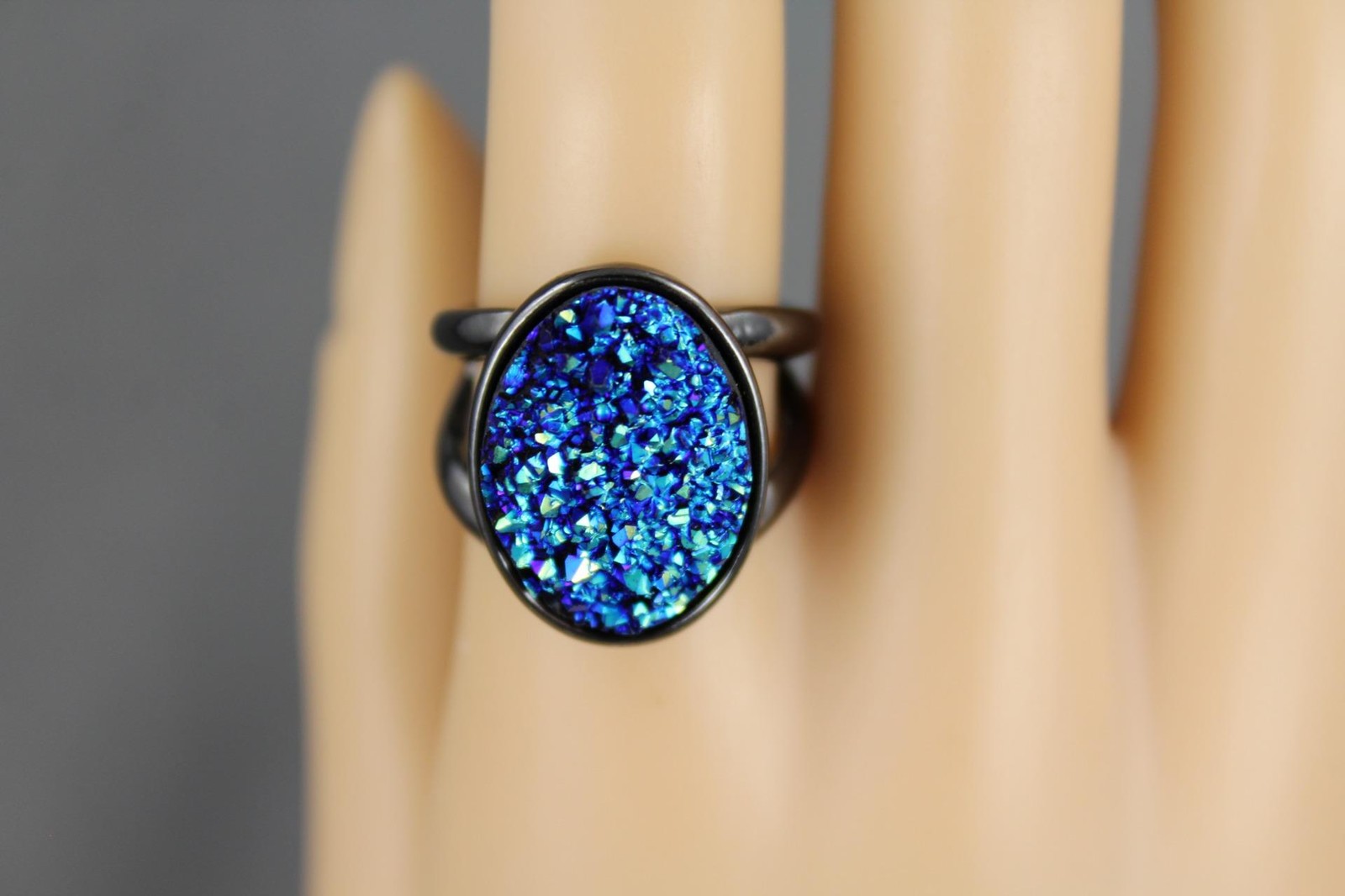 Blue faux druzy gem medallion ring cuff big chunky statement cocktail oval