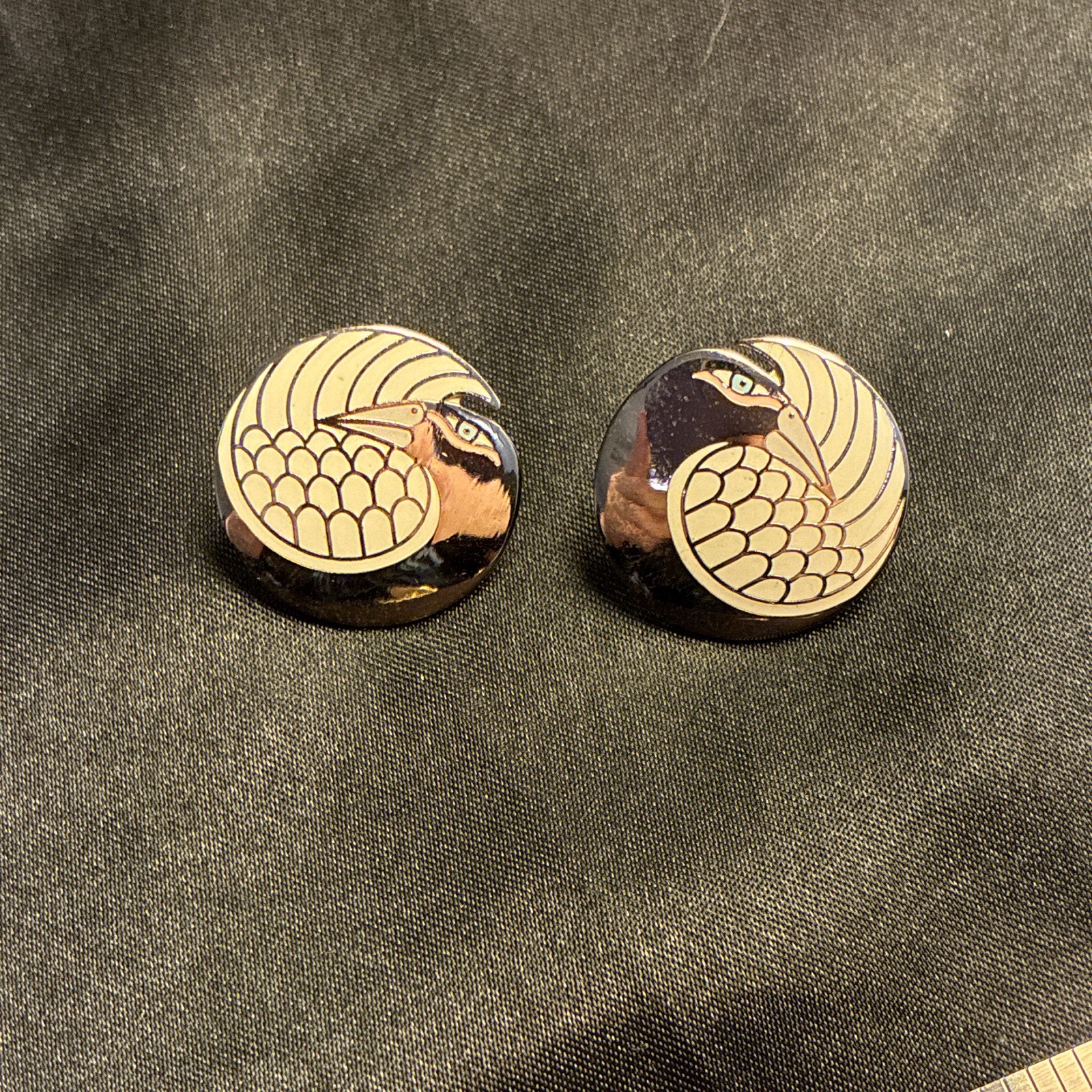 Laurel Burch Mynah Bird Enamel Round Stud Earrings Silver White Signed