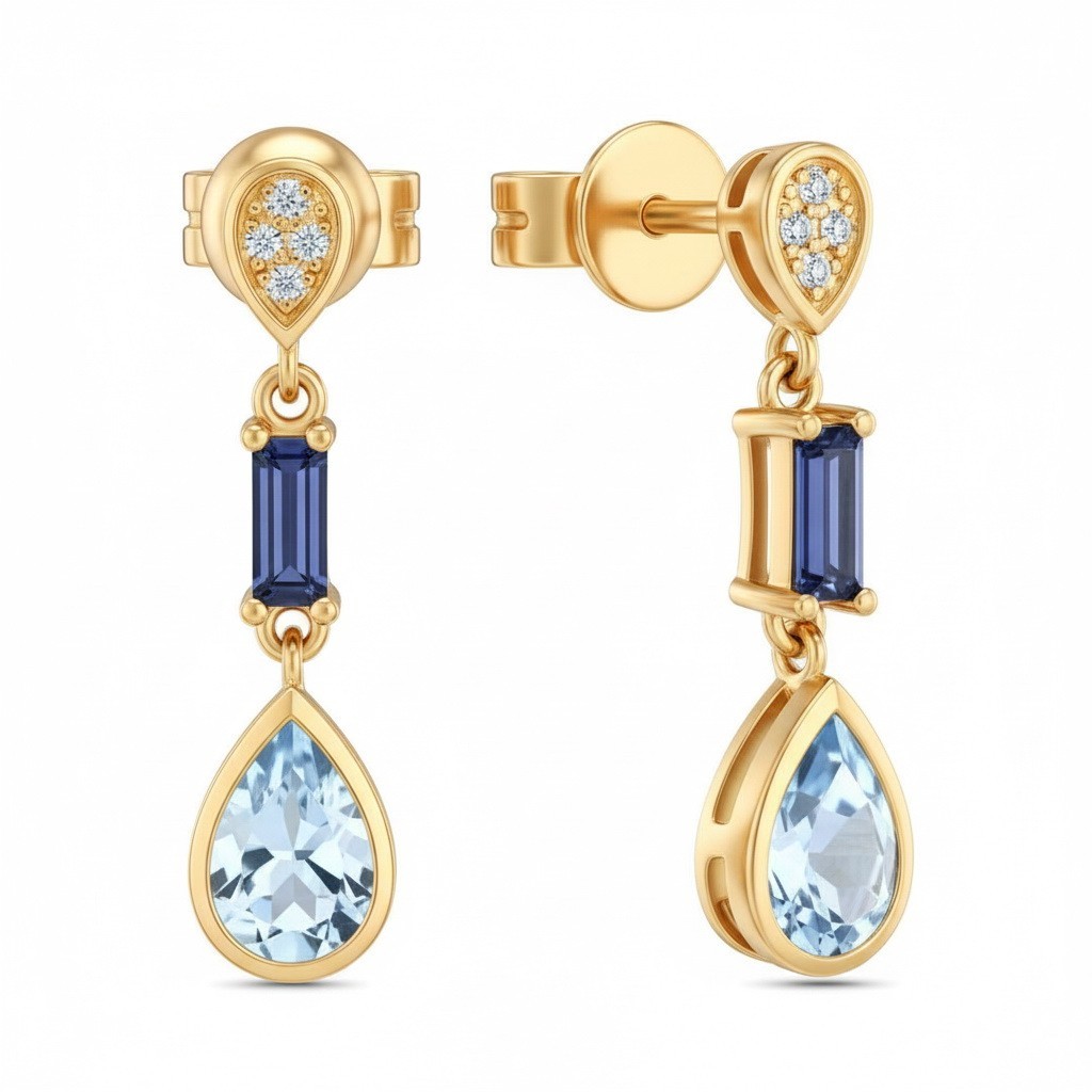 925 Sterling Silver Sky Blue Topaz Drop Earrings | Pear Cut Topaz & Baguette