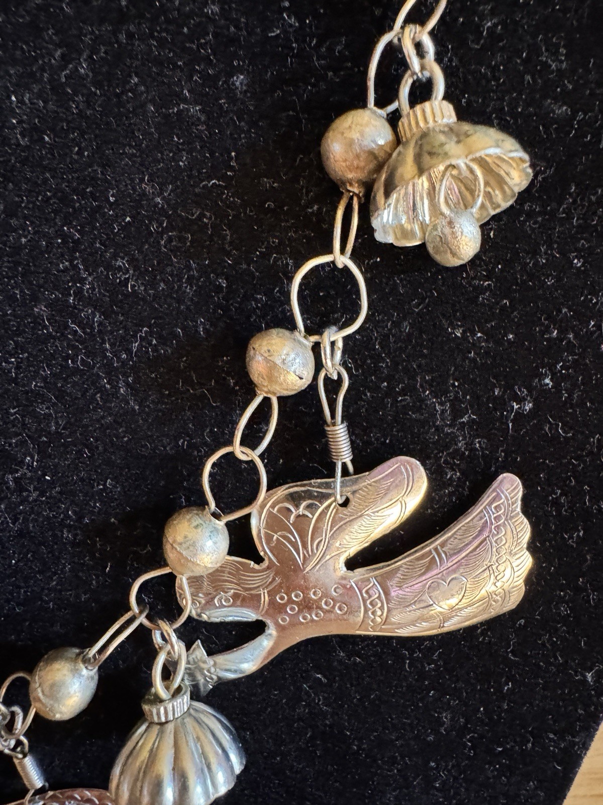 Vintage Artisan Milagro Etched Brass Flying Angel large Charm Necklace