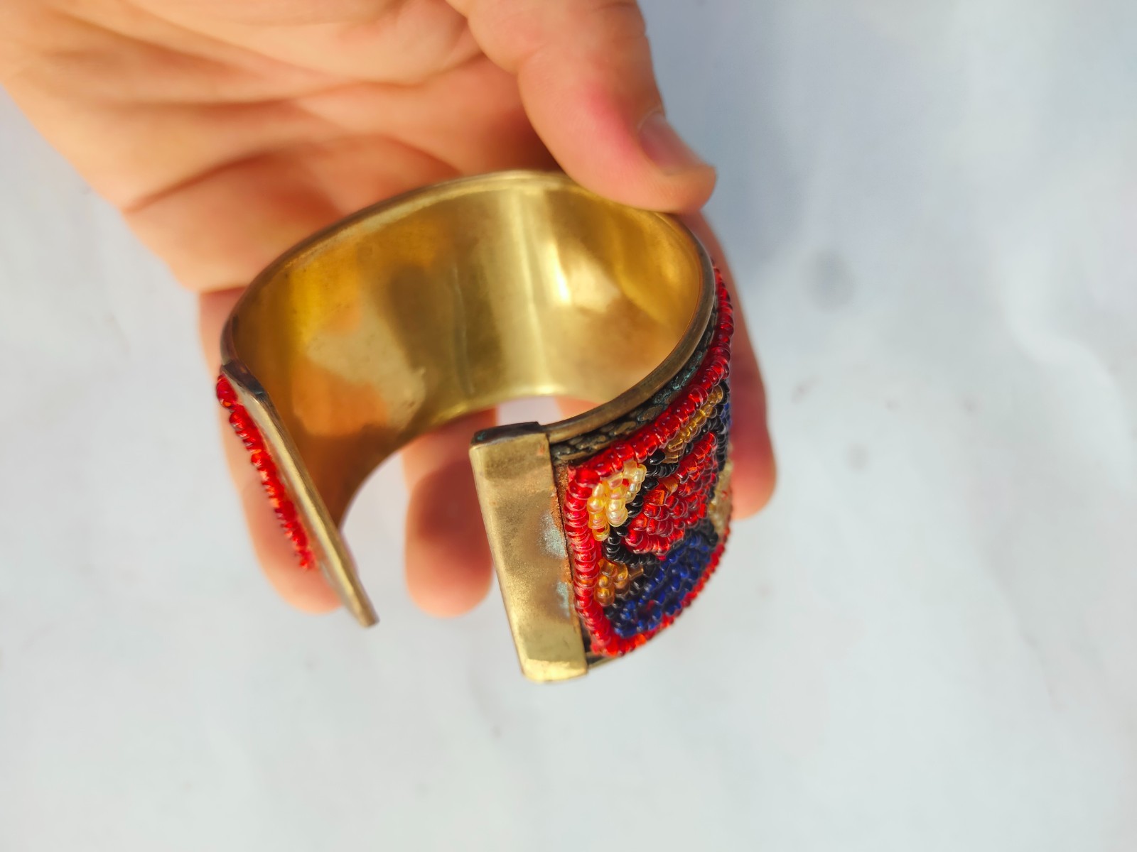 Handmade Brass Cuff Bracelet Colorful Seed Beaded Wide Open Bangle Boho Ethnic