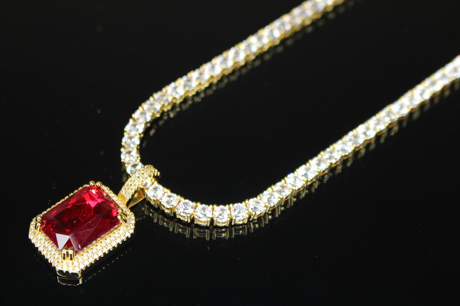 RED RUBY Sapphire Pendant Tennis 75.8ct Lab Sim Gem Diamond Chain Necklace GOLD