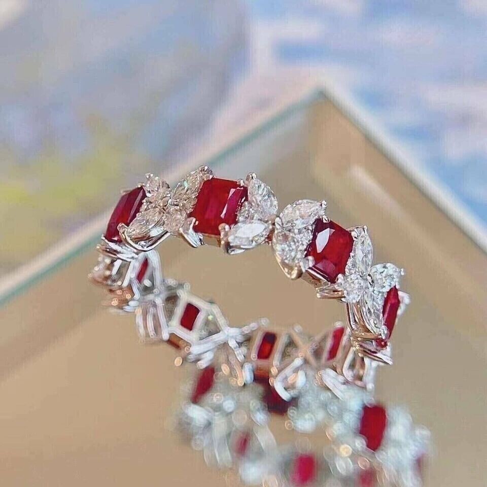 Emerald Cut Simulated Ruby Women’s Gorgeous Eternity Ring 14K White Gold Plated