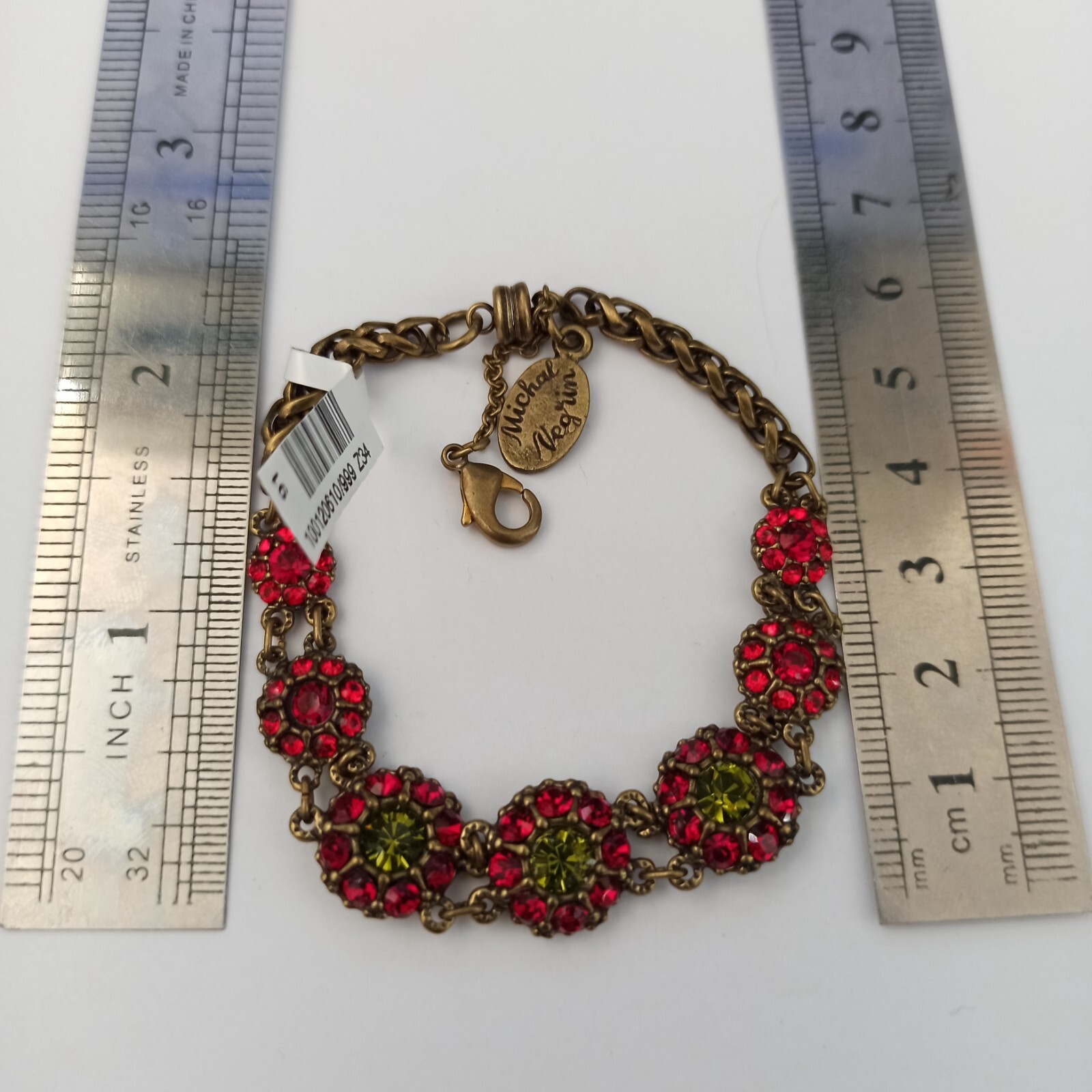 Michal Negrin Bracelet Red Olive Green Graduated Links Art Deco Magnetic New Box