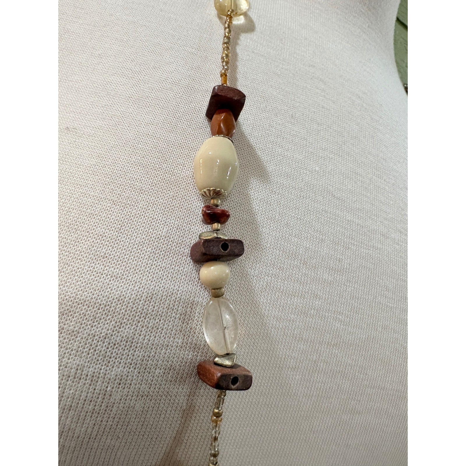 Bohemian Long Beaded Necklace Brown Cream Earthy Tones Mixed Media 36 Inch