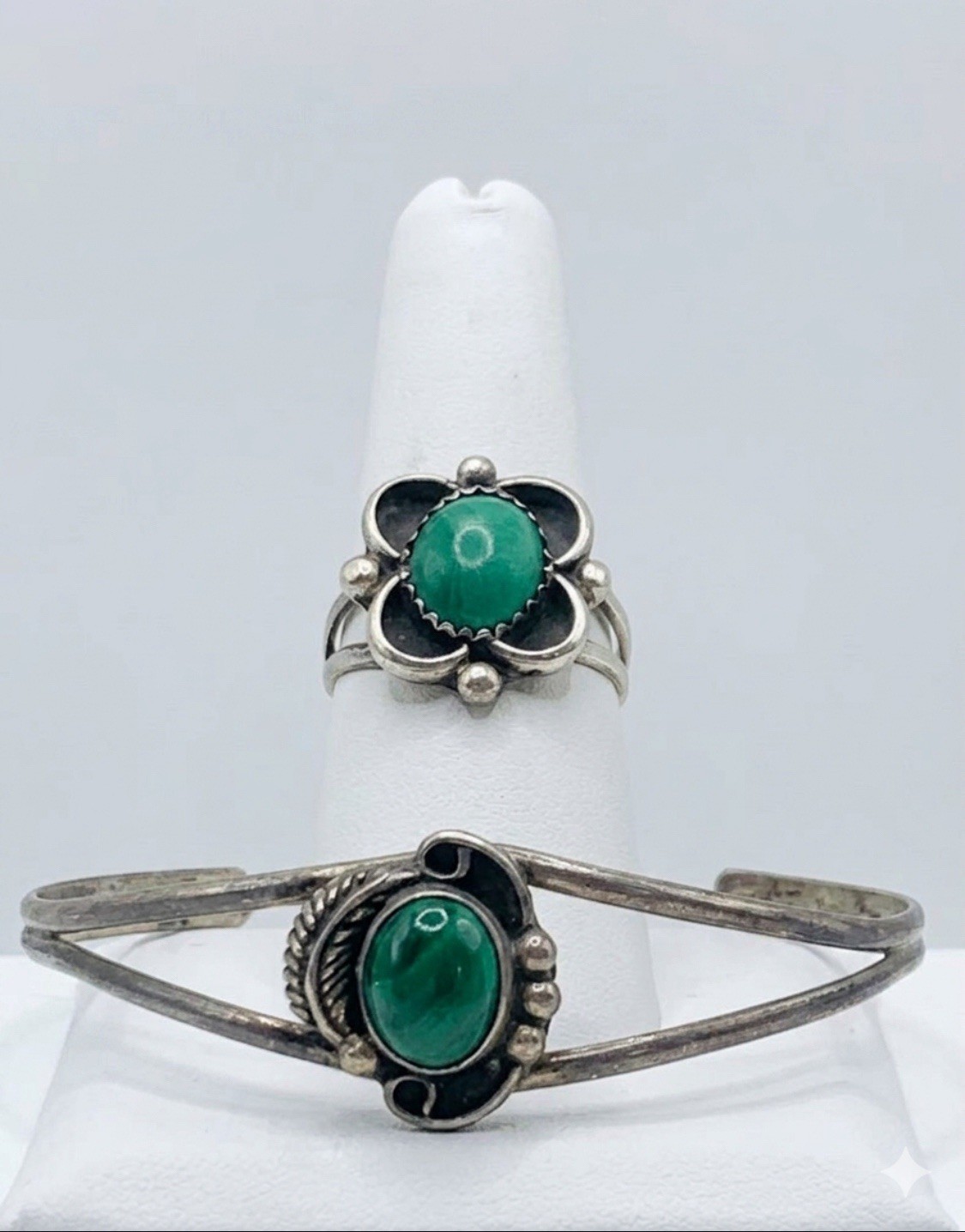 VTG Mex Sterling Silver Malachite Cuff Bracelet Ring Set XRF Tested 925 11.2g