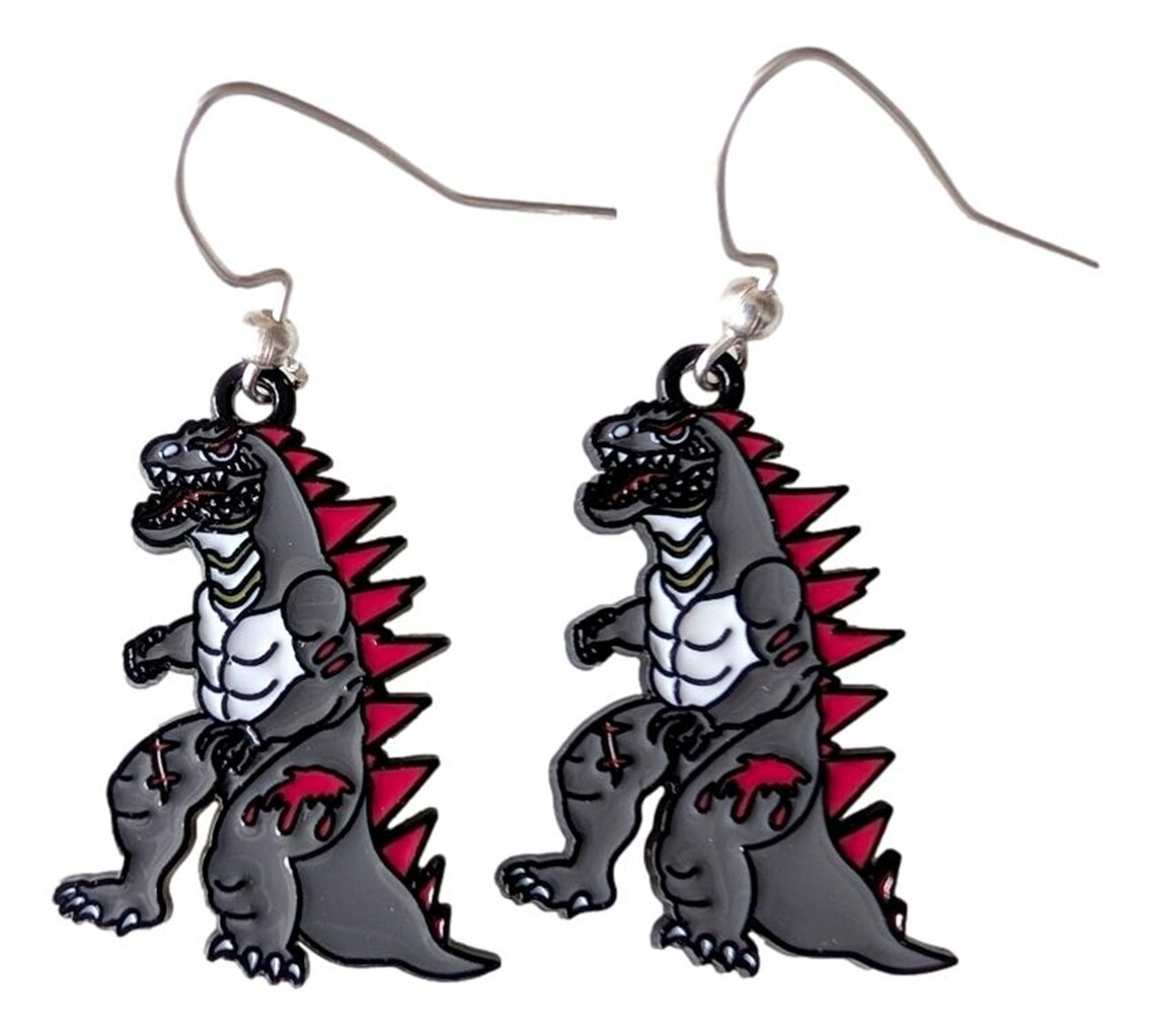 Godzilla Monster Metal Enamel 1.25″ Tall French Wire Earrings