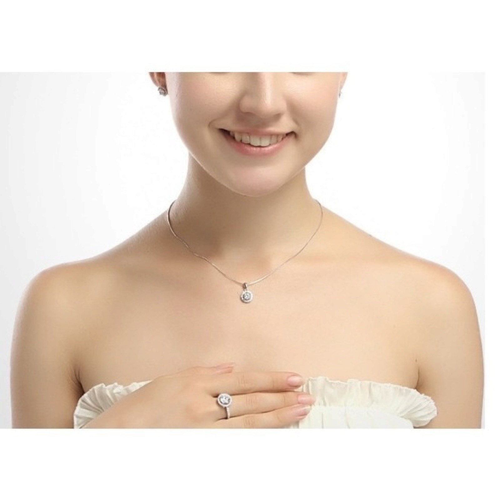 925 Sterling Silver Halo Round CZ Pendant Necklace 18″ Chain Gift Box B32