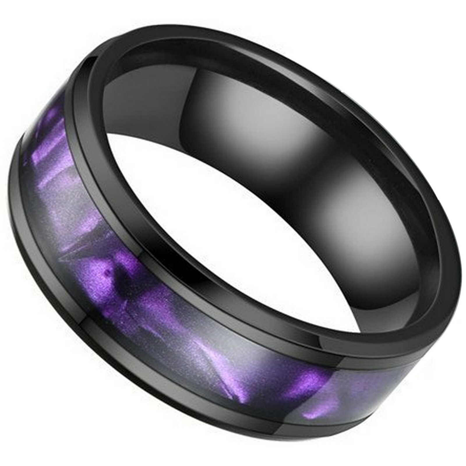 Synthetic Amethyst Ring Black Stainless Steel Purple Wedding Band Mens Womens