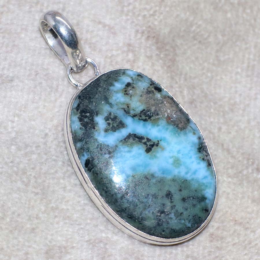 925 Silver Plated Larimar Pendant 1.8″ Artist Made Jewelry Most Beautiful JW