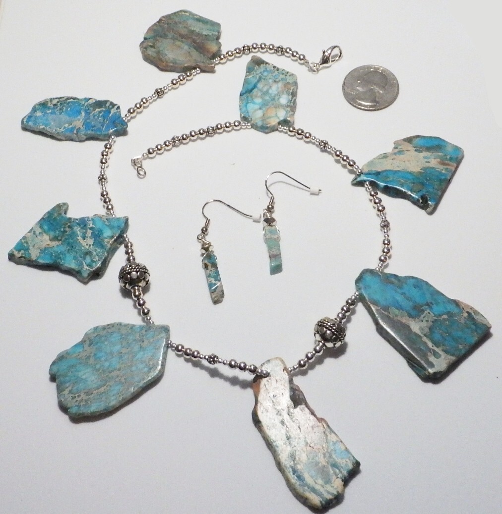 Stunning Signed Lg Pressed Turquoise Stone Slab Necklace/Earrings Set 19″ ST NWT