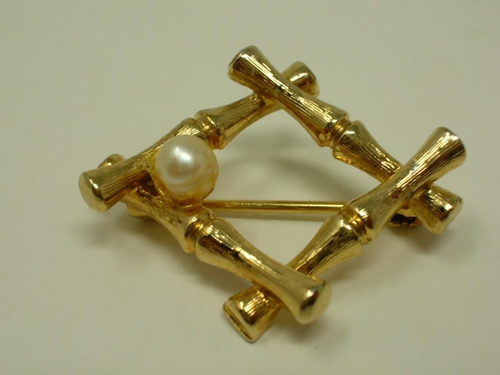 Vintage PREMCO 1/20 12K Gold-Filled Faux Pearl Bamboo Square Brooch Estate Find