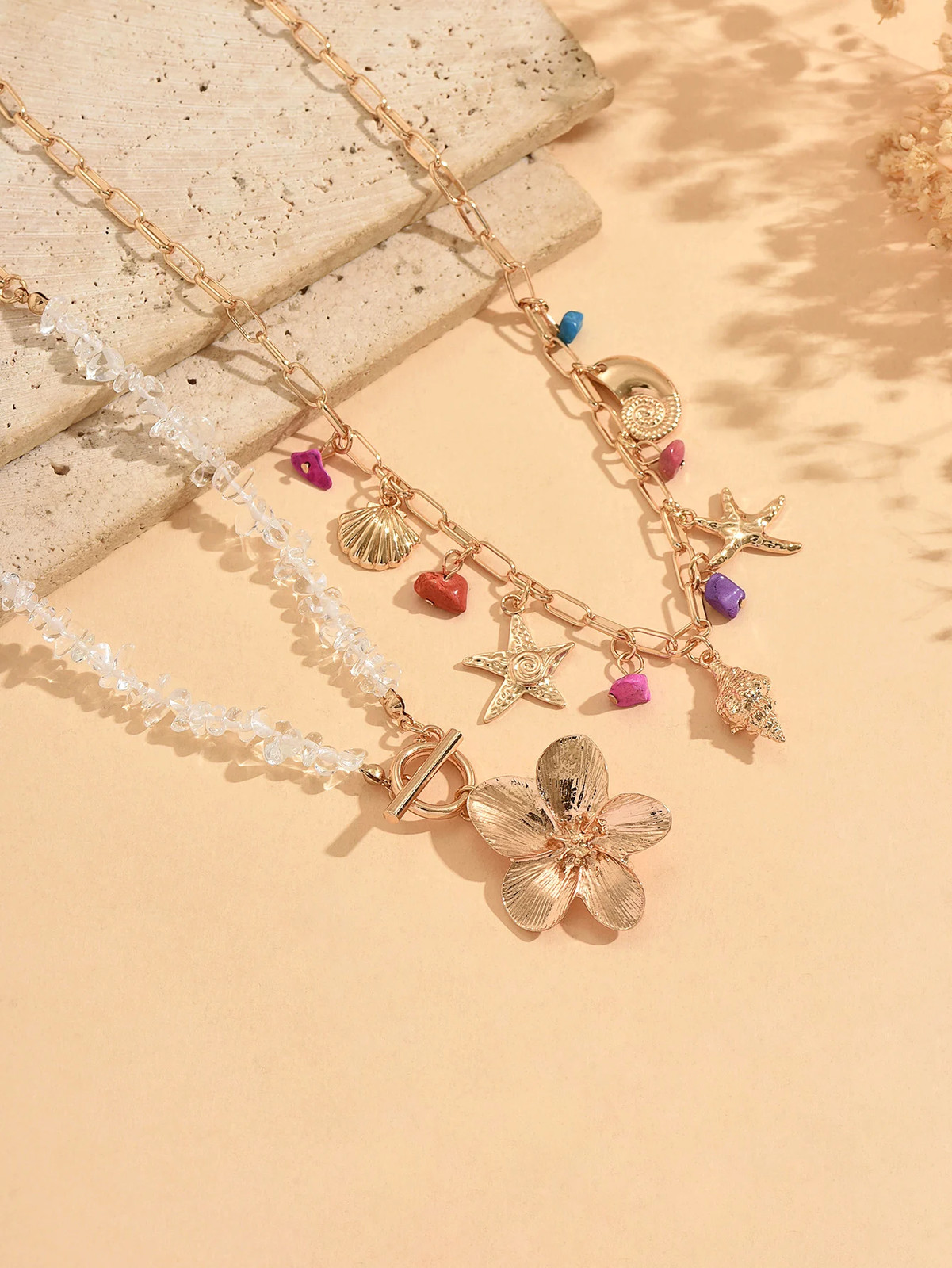 Summer Beach Boho Necklace Starfish Shell Pendant Layered OT Buckle Choker for W