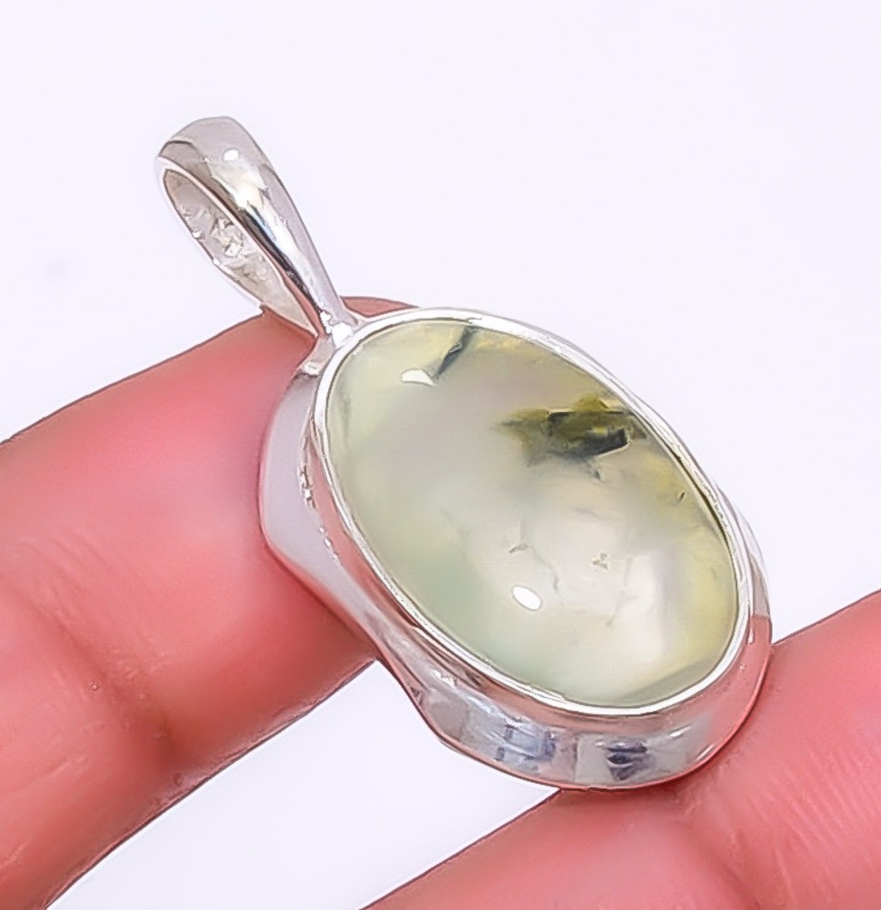 Prehnite Gemstone 925 Silver Plated Handmade Jewelry Pendant 1.40″ T64