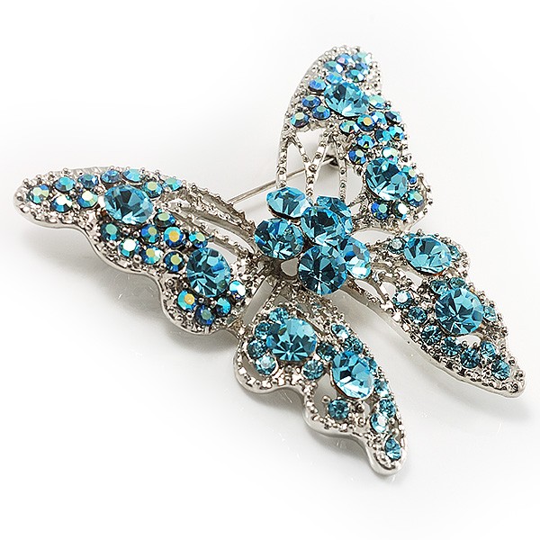 Light Blue Crystal Dazzling Butterfly Brooch in Silver Tone – 62mm Across