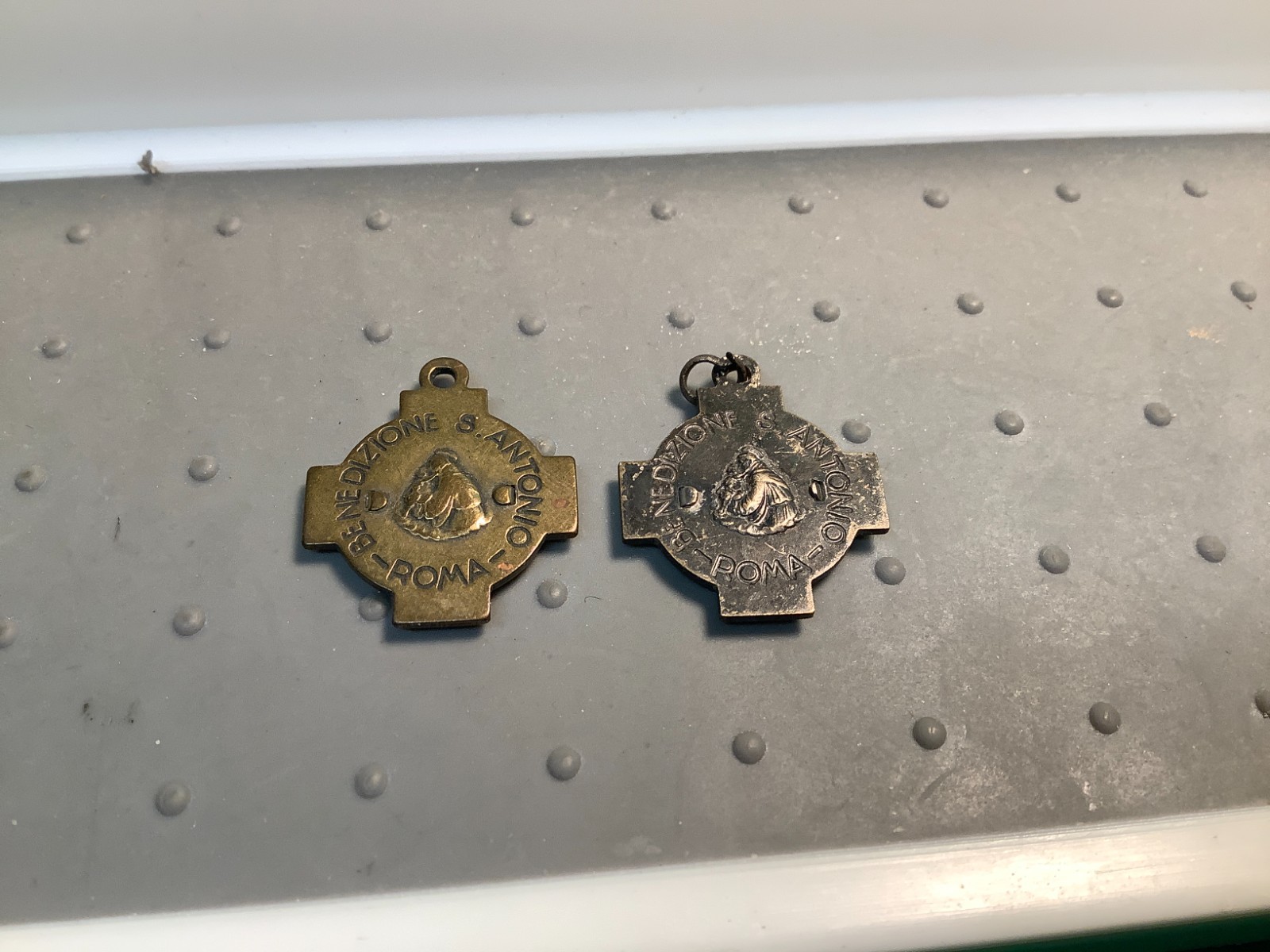 Two Vintage Metal Charm Corpus Saint Luciae made in Italy Cloth Relic