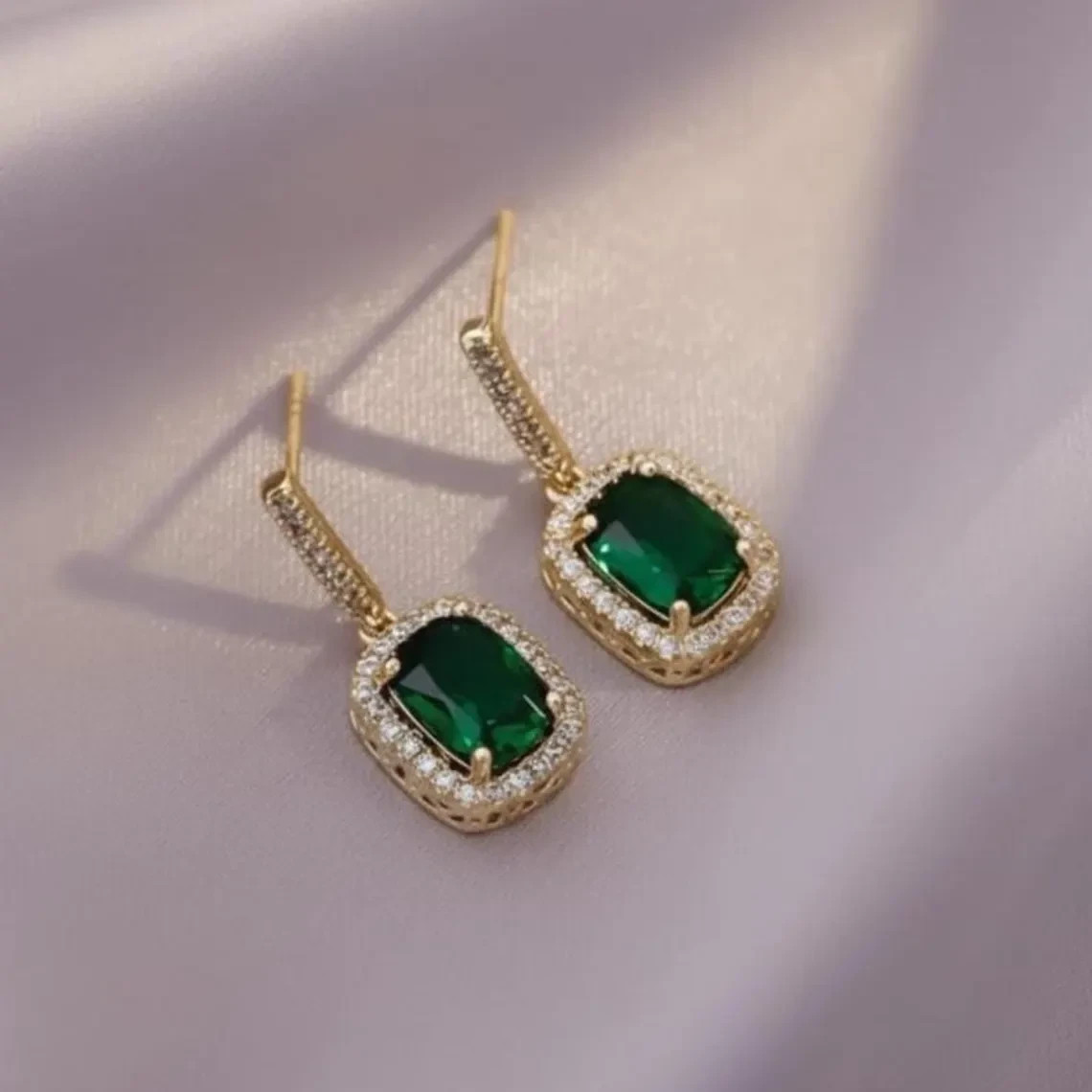 Simulated Emerald & Diamond Halo Women’s Earrings Gift For Her 14K Gold Plated