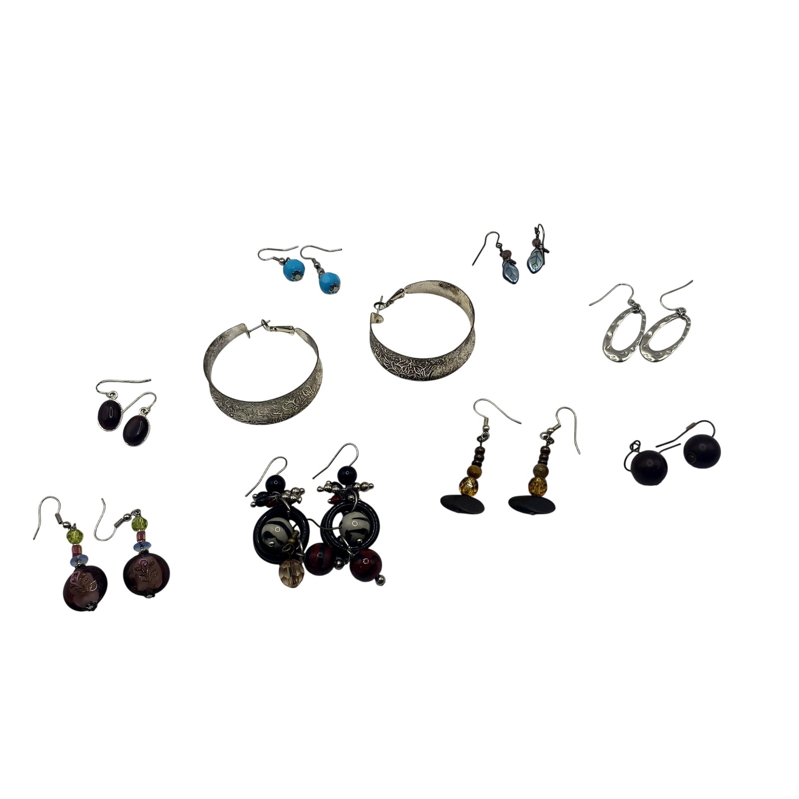 Lot 9 Pairs Multicolor Glass Wood Dangle Hoop Earrings Womens Boho Jewelry