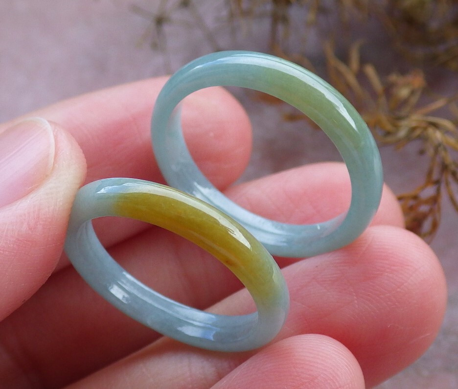 2 Pcs Certified Yellow A JADE Jadeite Circle RING USA. 6.5 & 7.5 戒指 664476 AS