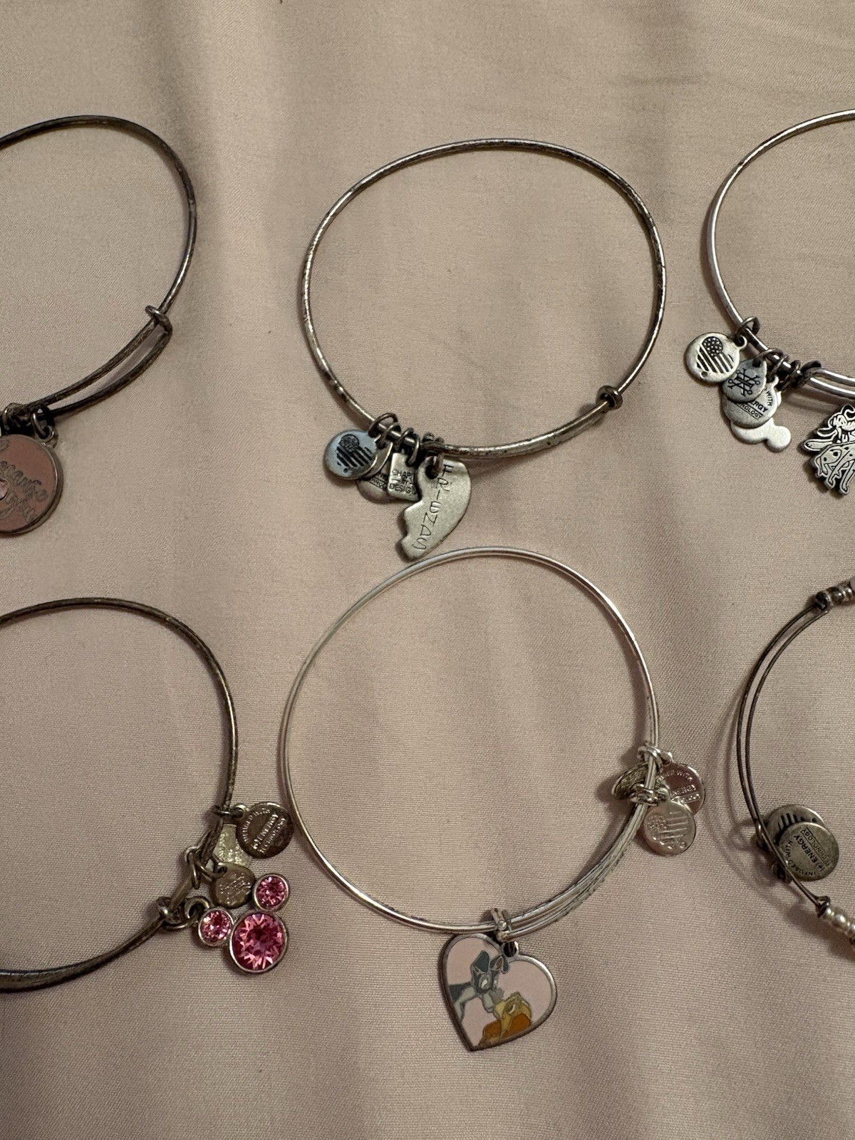 6 Alex and Ani Vintage Bracelet Bundle Lot Some Disney Lady Dogs Pink