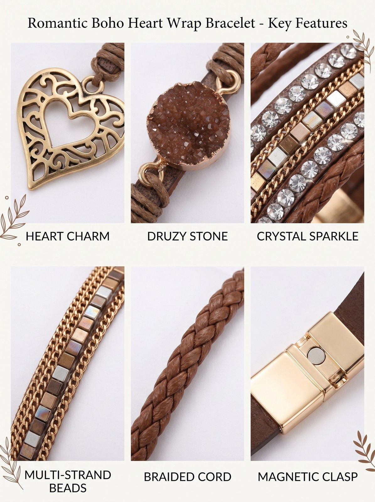 Romantic Boho Heart Wrap Bracelet – Coffee Brown Multi-Strand Leather w/ Stone