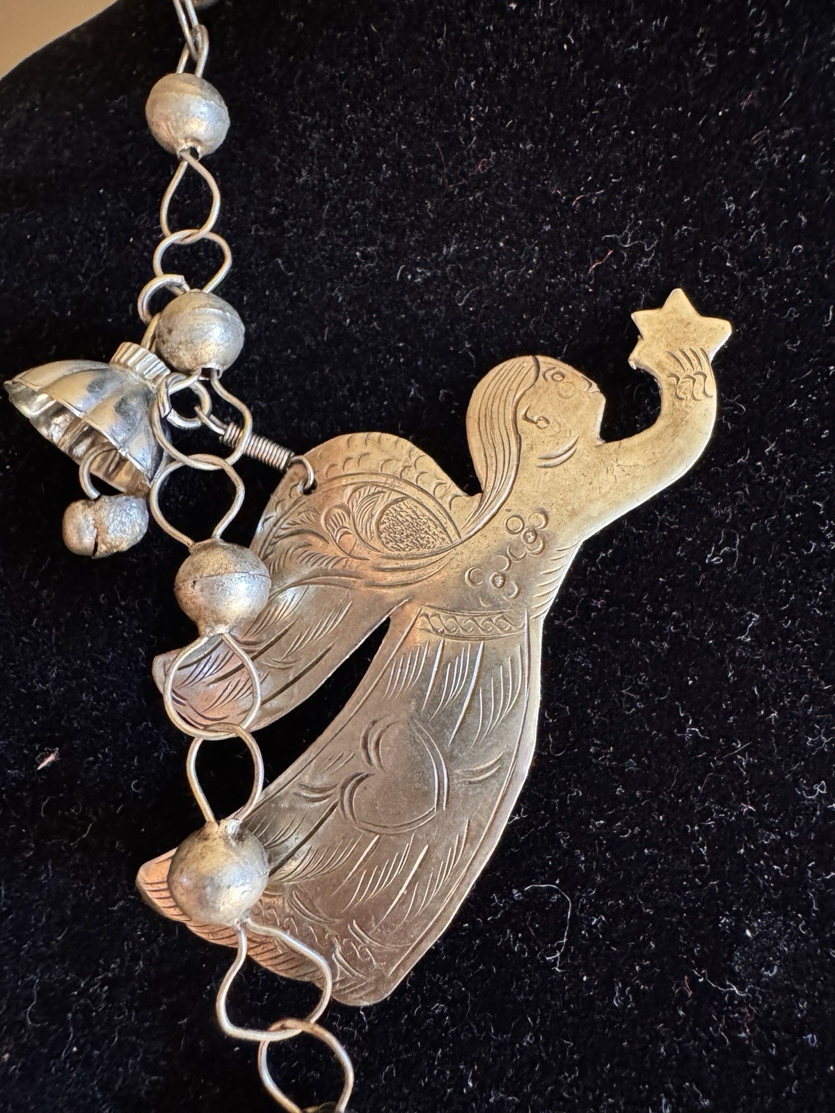 Vintage Artisan Milagro Etched Brass Flying Angel large Charm Necklace