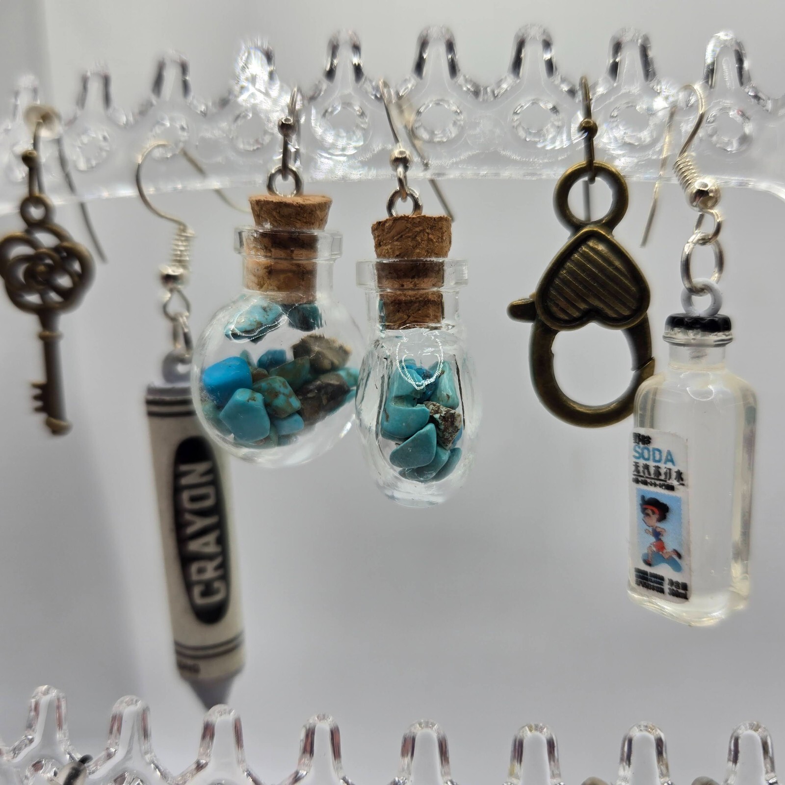 Lot Of 18 Safety Pins, Keys, Bears, Glass DANGLE Mix/Match Novelty Earrings NEW