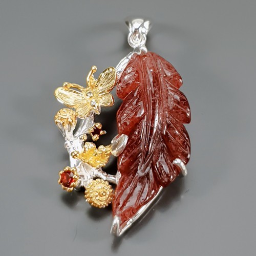 Jewellery 24 ct+ Natural Strawberry Quartz Pendant 925 Sterling Silver /NP51397