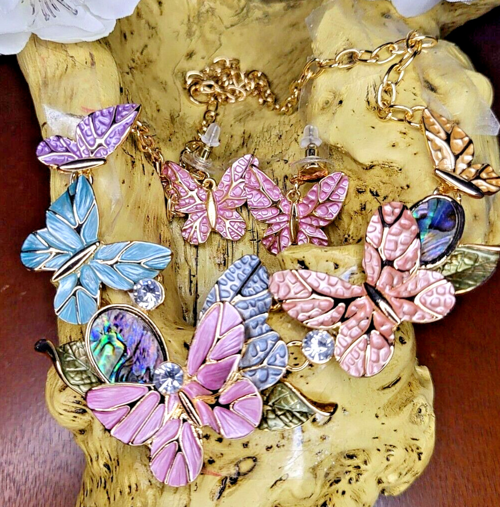 AVIANNA DESIGNER FASHION ENAMEL BUTTERFLY NECKLACE & EARRING SET – ABALONE