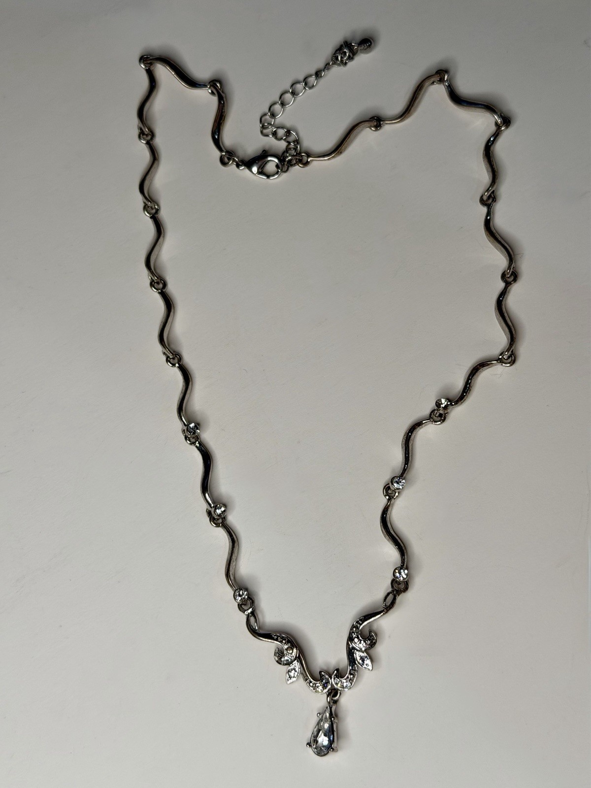 Vintage Avon Rhinestone Scroll Necklace Silver Tone Teardrop Crystal Pendant