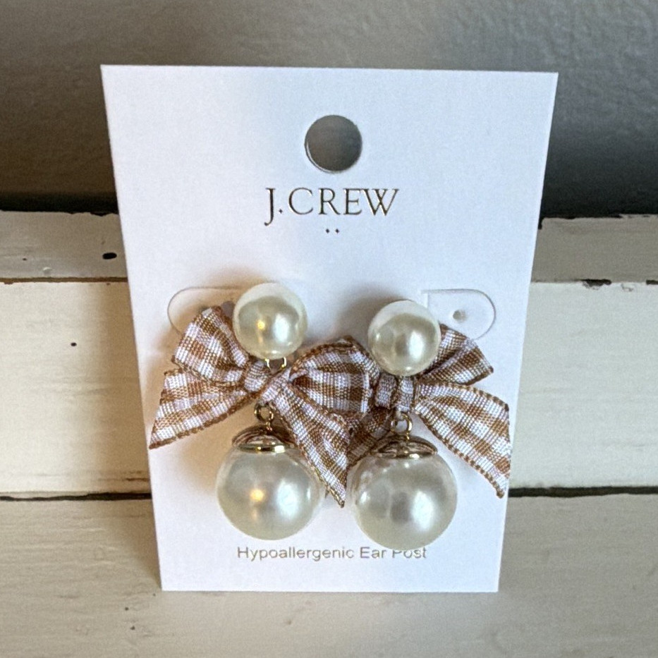 J.CREW Bow Dangle Drop Post Earrings White Simulated Pearl Hypoallergenic
